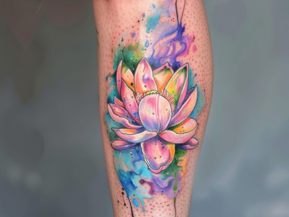 Na zdjęciu tatuaż kwiat lotosu. Znaczenie takiego tatuażu to harmonia.