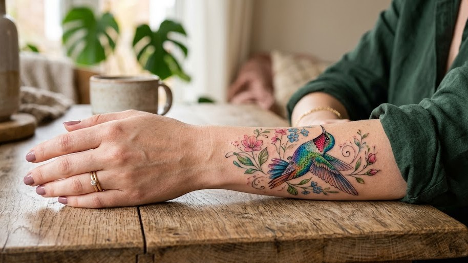 Tatuaż koliber znaczenie dla kobiety na zdjęciu musi mieć szczególne.