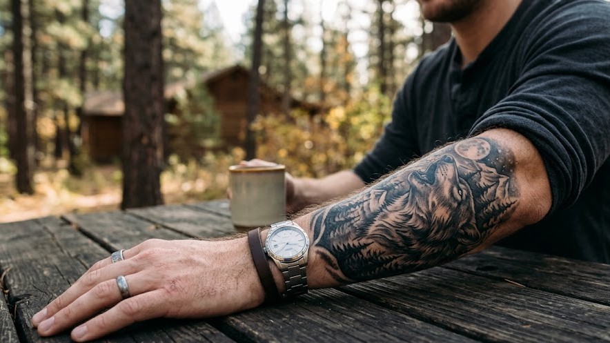 Na zdjęciu ręka i tatuaż wilk. Znaczenie jest znane tylko temu mężczyźnie.